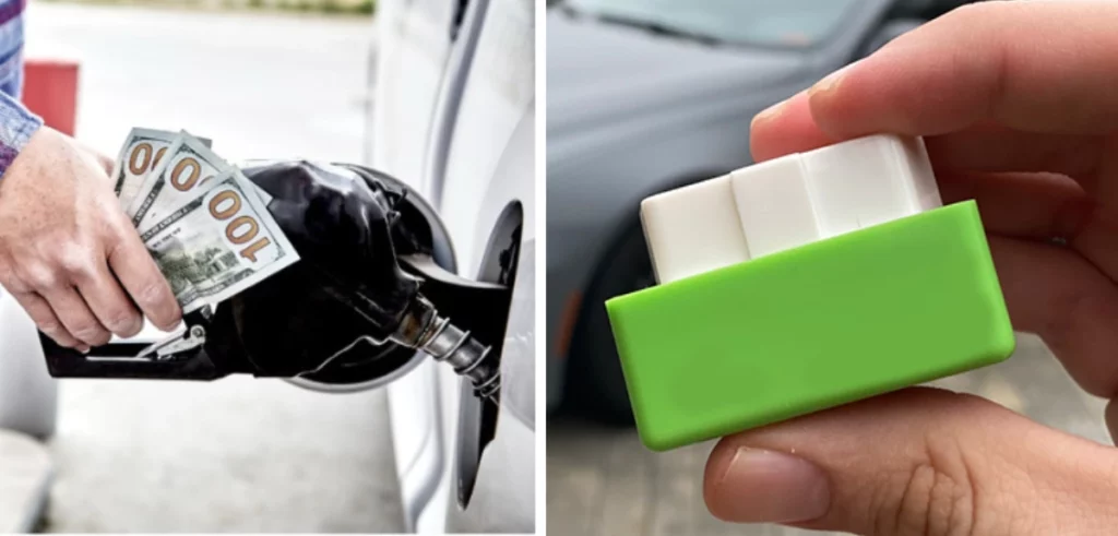 guy holds Fuel Save Pro and fuels his vehicle